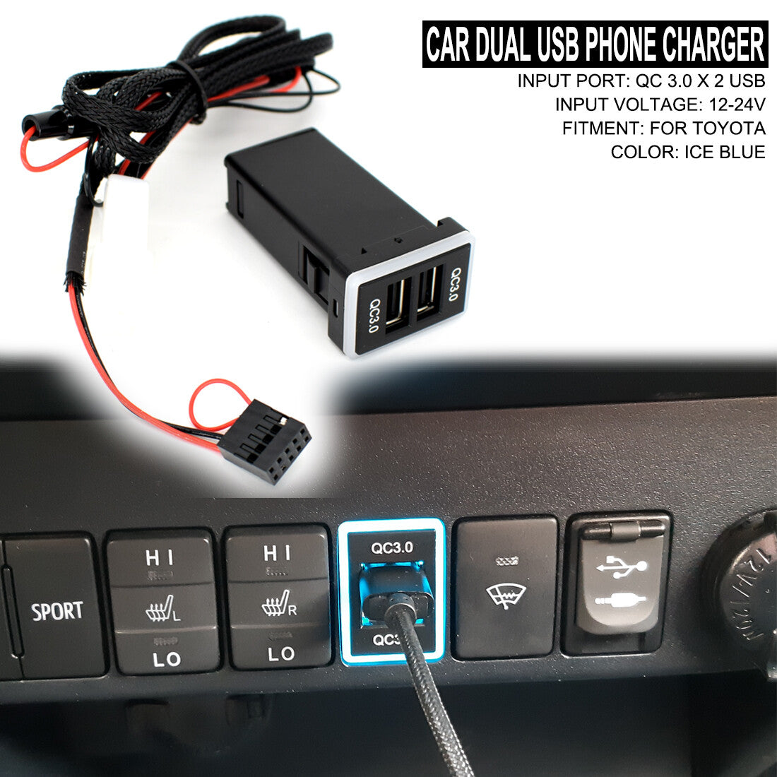 Dual USB QC 3.0 Port Quick for Charger Phone Fast Charge for Toyota Blue LED Light