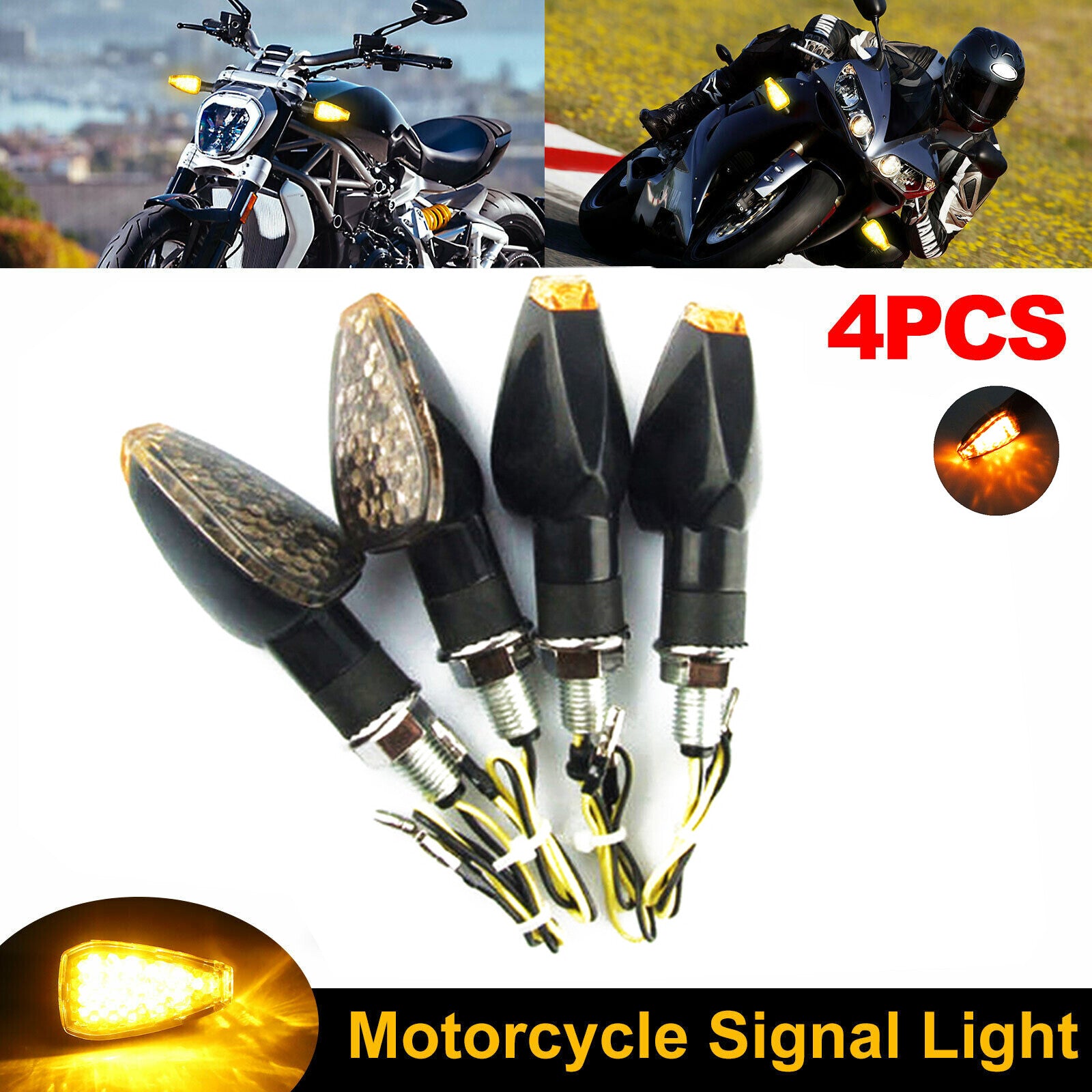 4x14 LED motorcycle turn signal indicator lights, amber flashing lights, smoked lens