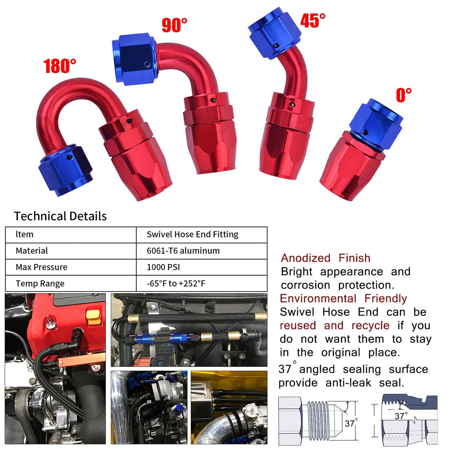 6/8/10/12AN Rotary Sealing Hose End Fitting Adapter for Oil/Fuel Hose Lines (Red + Blue -)