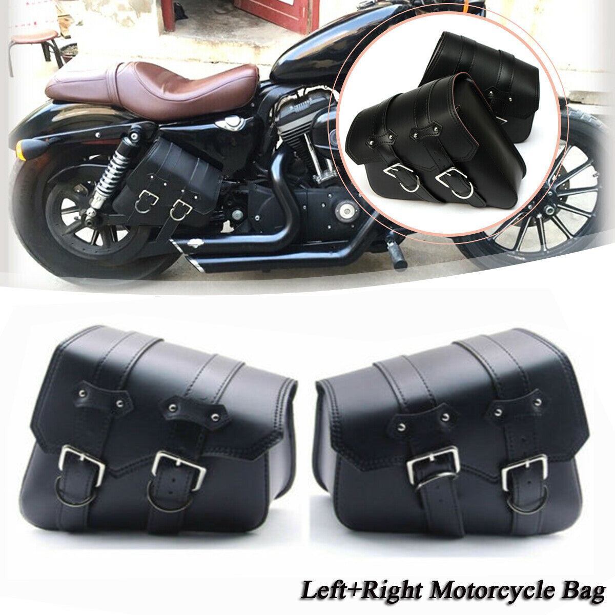 A pair of black side saddlebags for Harley-Davidson Sportster XL883 1200 motorcycles.