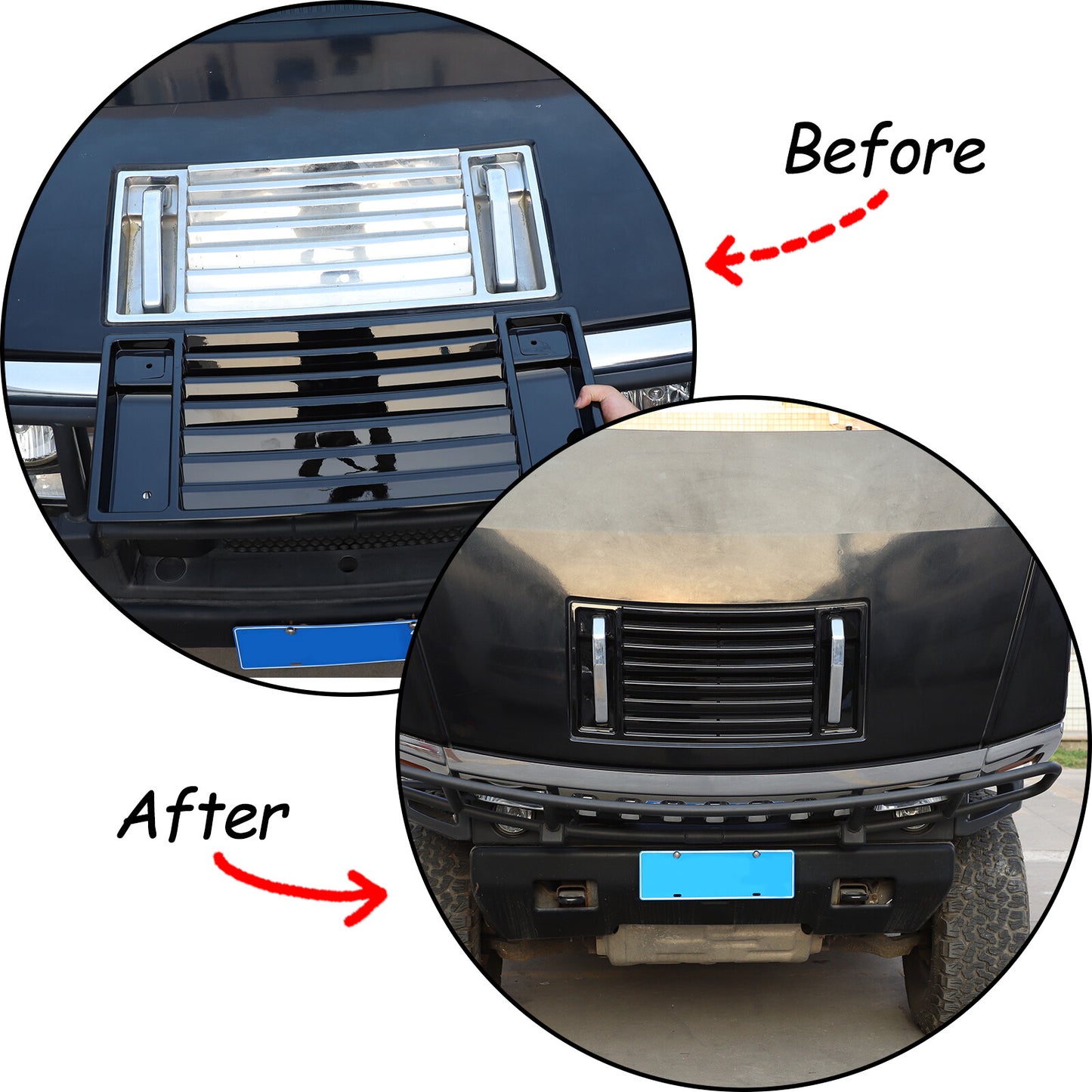 Fits 2003-2009 for Hummer H2 front hood ventilated panel handle cover with glossy black trim.