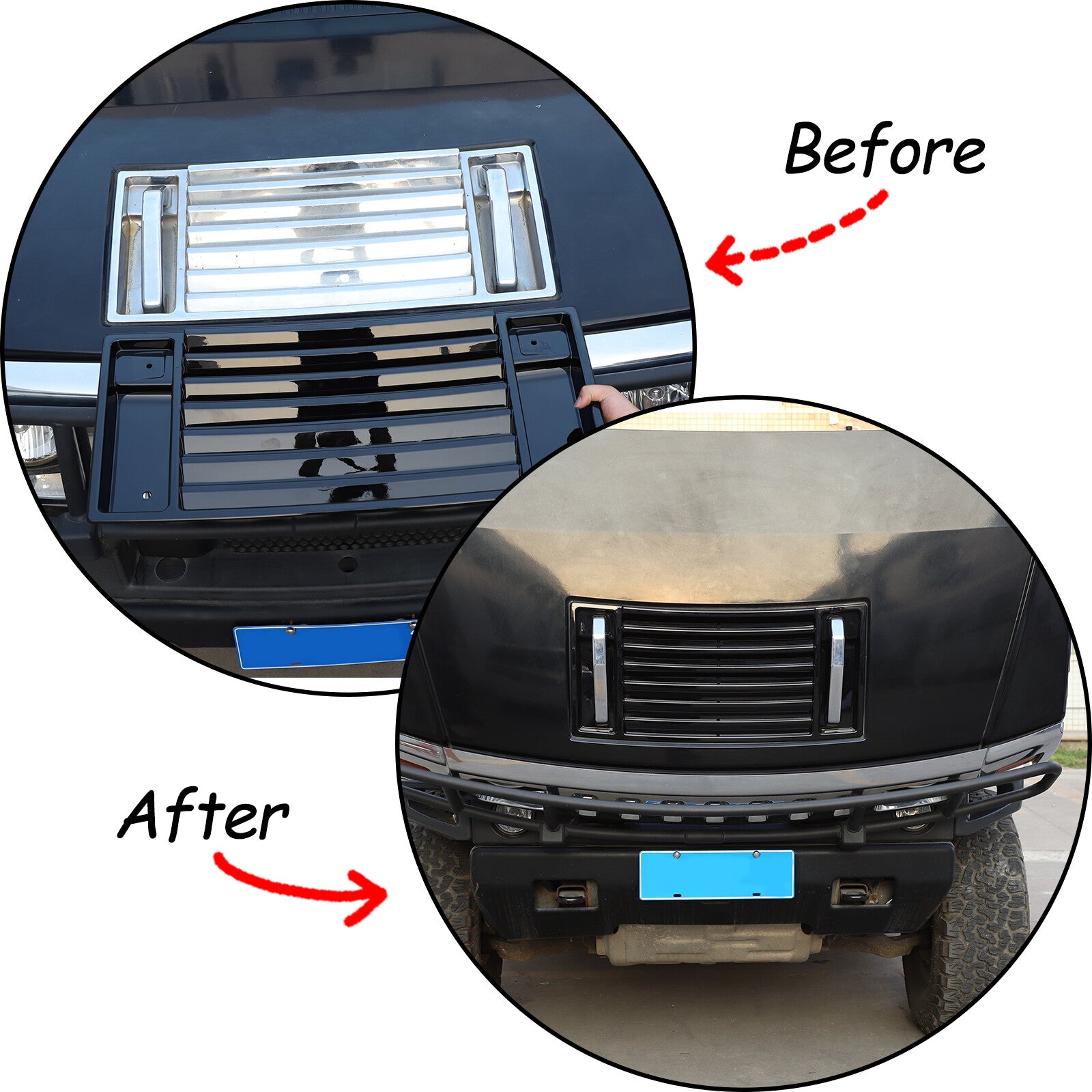 Fits 2003-2009 for Hummer H2 front hood ventilated panel handle cover with glossy black trim.