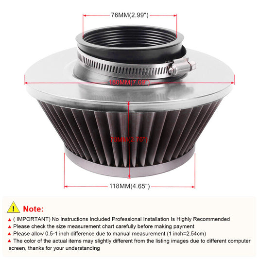 1-Pack 3-inch 76mm Imported Cold Intake Cone Car Air Filter, High Performance, Black