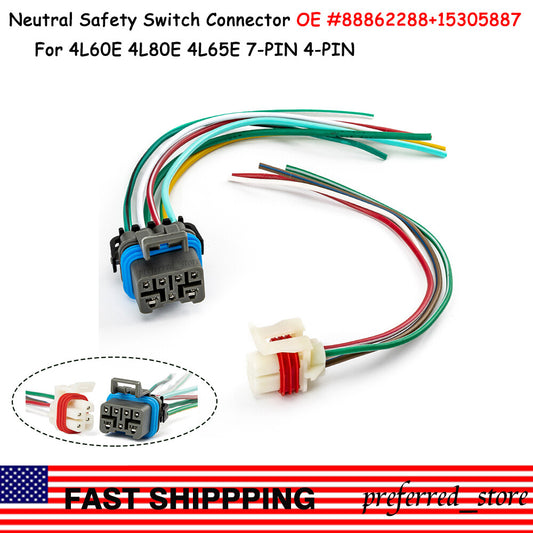 Neutral safety switch connector with 7-pin and 4-pin wires suitable for 4L60E, 4L80E, and 4L65E models. v