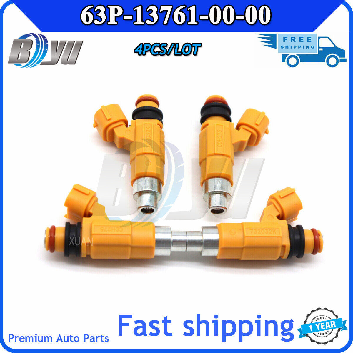 4-piece set of brand new fuel injectors, 63P-13761-00-00, for Yamaha F150 outboard motors, 2004-2013. v