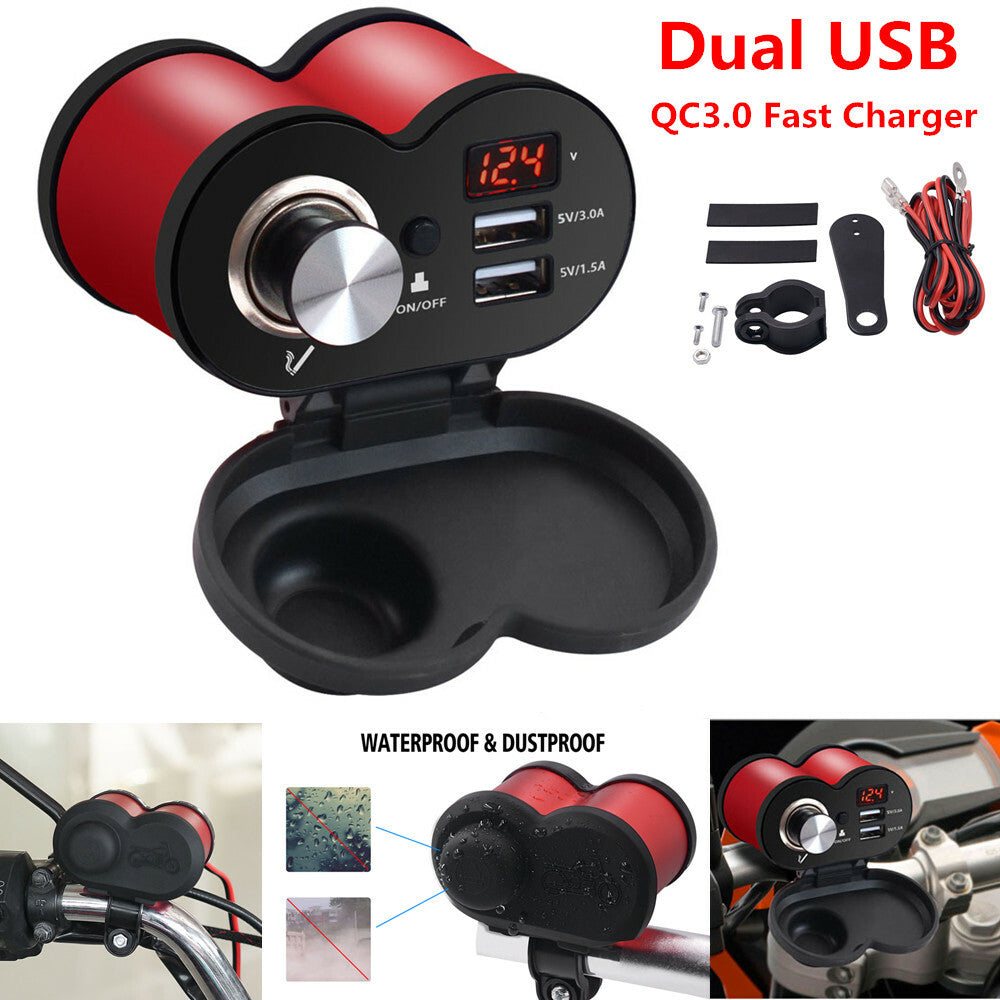 QC3.0 Motorcycle/Bicycle Cigarette Lighter Socket Dual USB Charger Switch Voltmeter - n