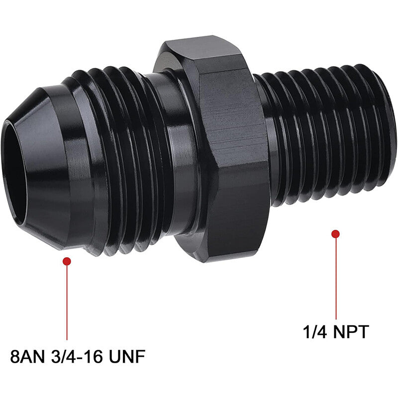 2Pcs 1/4 NPT to 8AN Adapter Pipe Thread to AN8 Male Flare Fitting Black