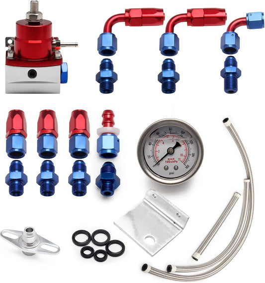 Adjustable EFI fuel pressure regulator kit 0-100psi, pressure gauge 6AN, fuel line