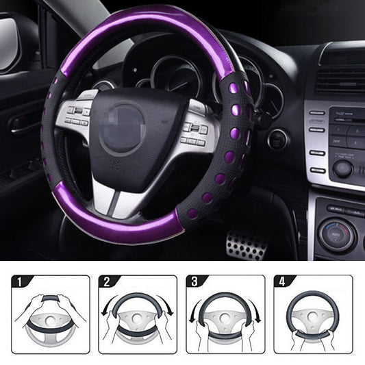 PU Leather Car Steering Wheel Cover, Glossy Purple, 38cm - Available in Red/Blue/Gold/Green for Convenience - n