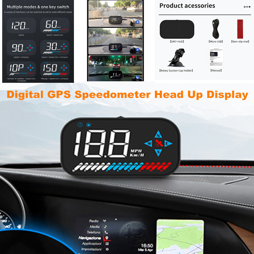 Car digital GPS speedometer, head-up display (HUD), overspeed warning (MPH, KM/H) n