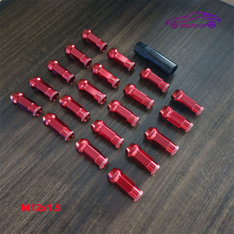 20pcs M12x1.5 Lug Nuts 48mm Steel Open End Wheel Nuts Bolts w/ Socket Key Red Q