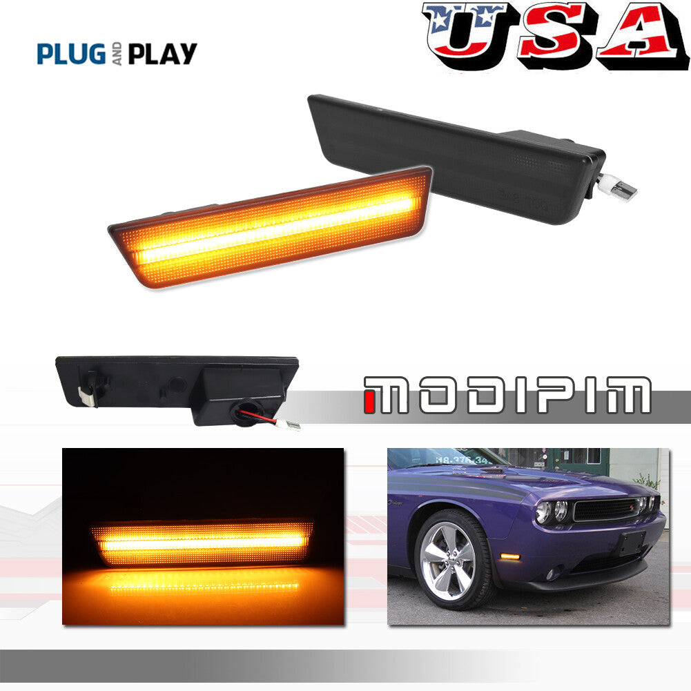 Fit 08-14 for Dodge for Challenger DARKEST SMOKE Amber LED Front Side Marker Lights - v