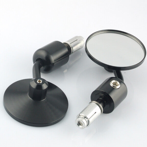 A pair of motorcycle handlebar end mirrors, side view, 7/8 22mm aluminum.