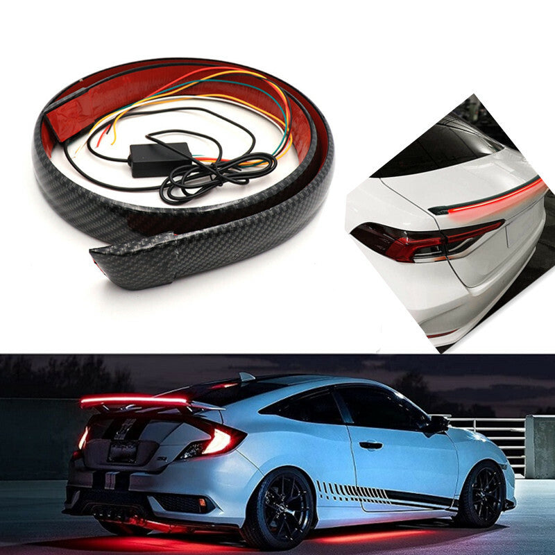 Car Red Multifunction DC12V Carbon Fiber LED Rear Spoiler Light Brake Lamp Strip