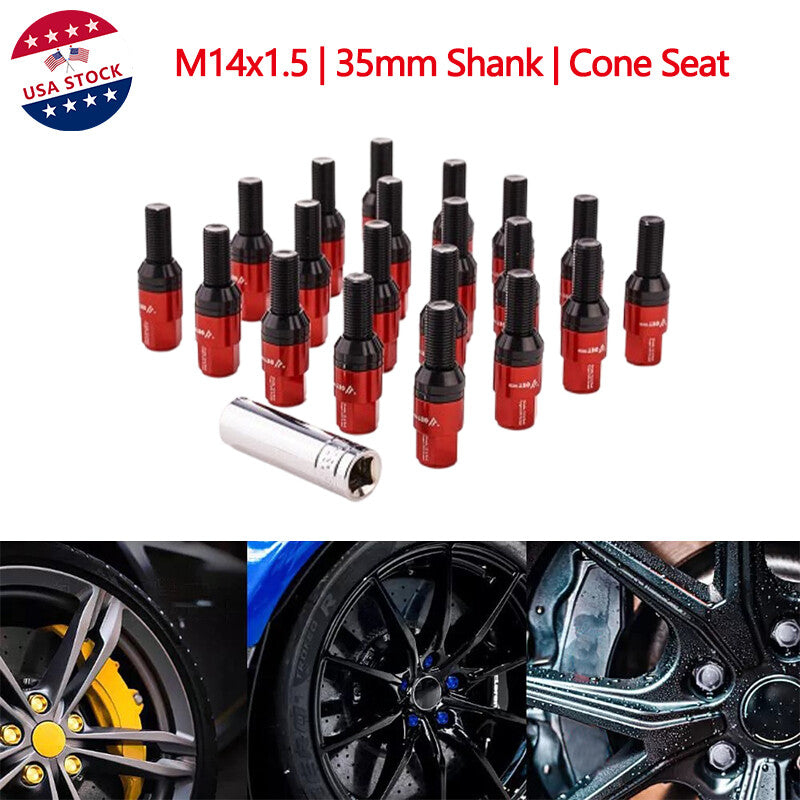20-piece set of M14x1.5 wheel lug bolts, tapered for seat studs, 35mm shank, suitable for most aftermarket applications.
