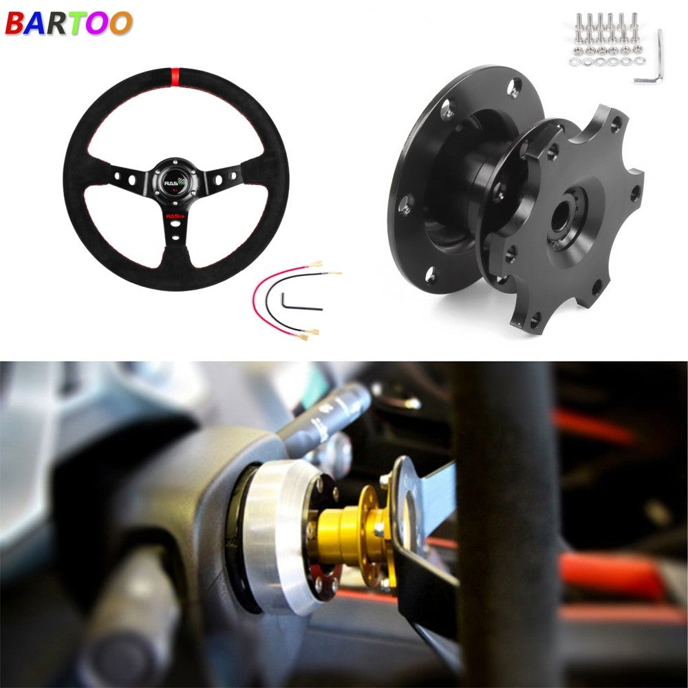 US 350mm Deep Dished Racing Suede Alloy Steering Wheel Quick Release Hub Kit