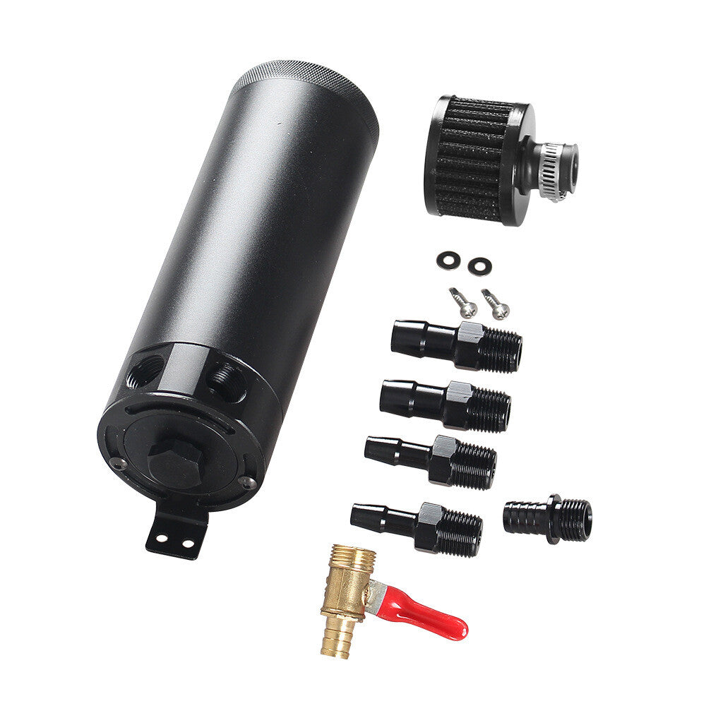 3/8 NPT Baffled 2-Port Oil Catch Can Tank w/ Breather Filter Black Aluminum