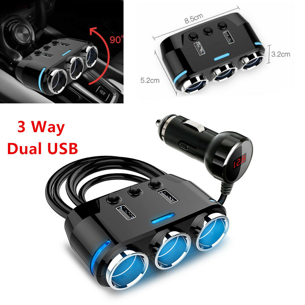 3-way cigarette lighter socket distributor, power adapter, dual USB car phone charger - n