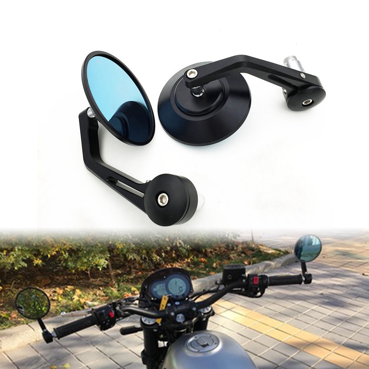 7/8 22mm Black CNC Handle Bar End Side Round Rearview Mirror Cafe Racer Custom