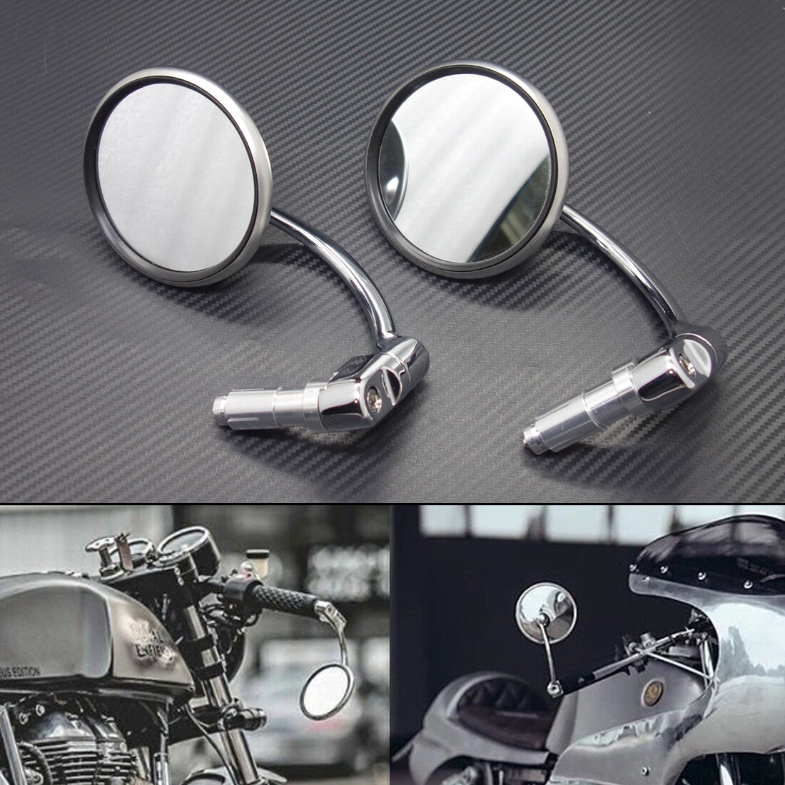 Silver Retro Metal 7/8 Handle Bar End Side Round Rearview Mirror For Cafe Racer Q