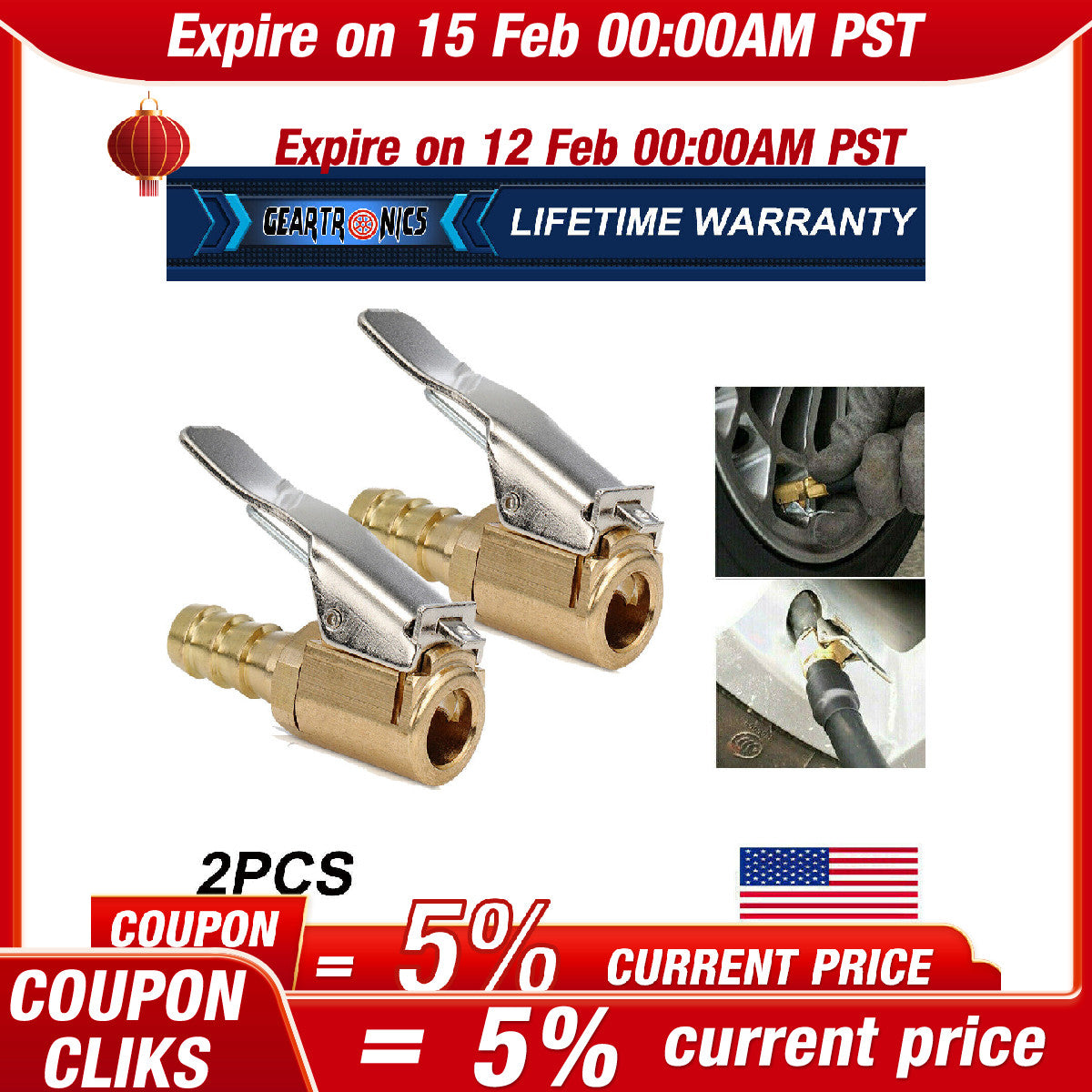 2pc Open Flow Straight Lock-On Air Chuck with Clip for Tire Inflator Car Tool US
