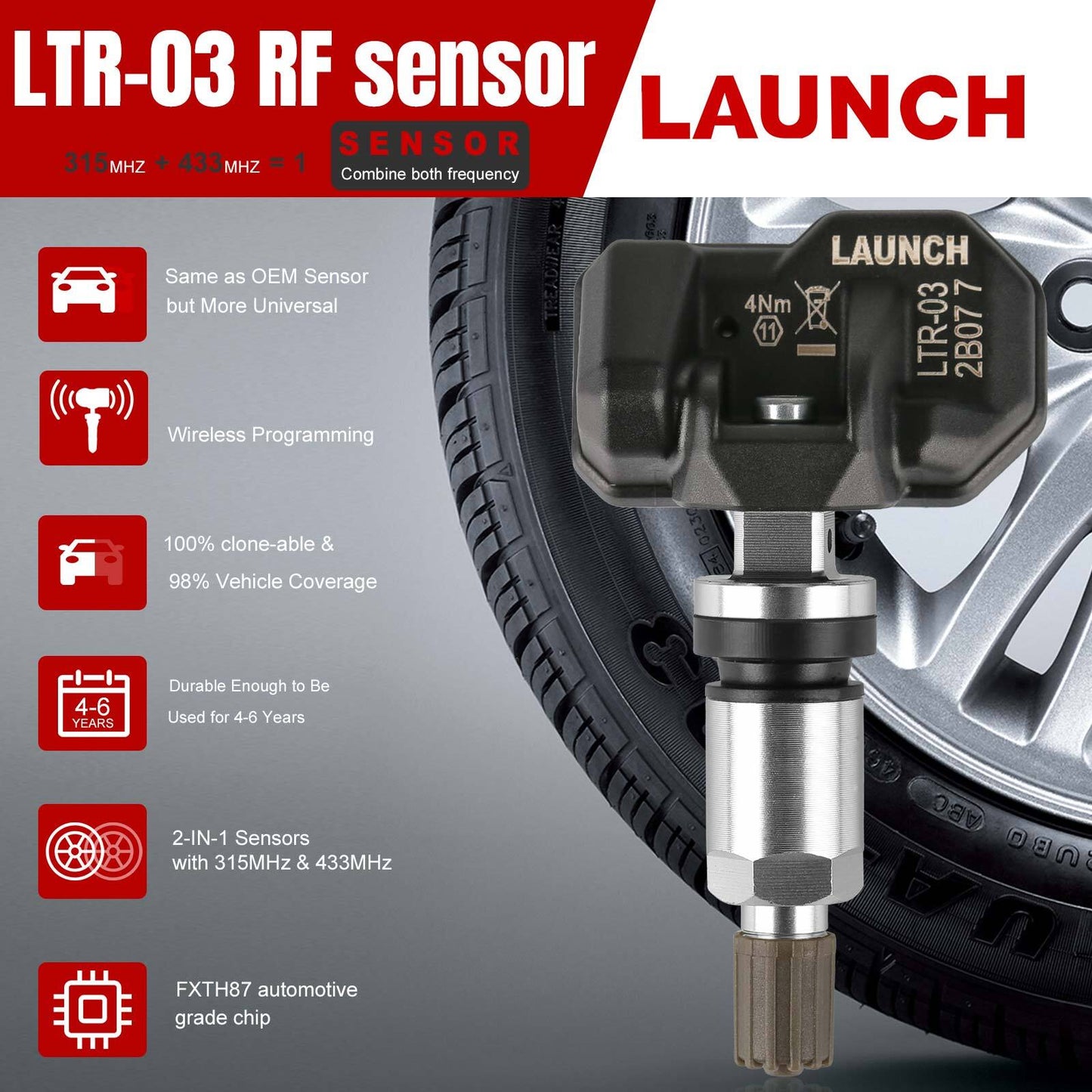 4Pcs LAUNCH LTR-03 Metal RF Sensor UniversalProgrammable TPMS Sensor 315433MHz