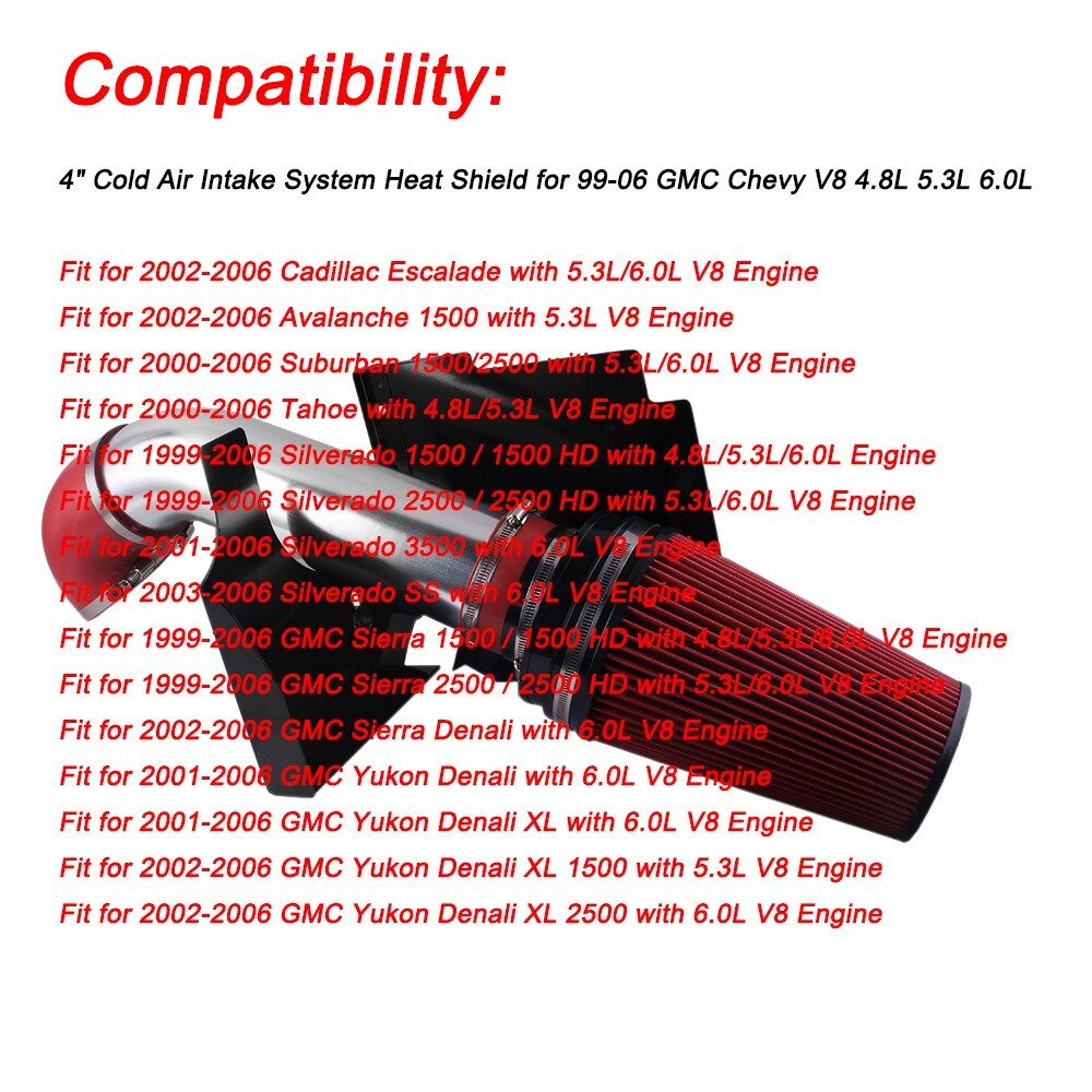 Red Heat Shield Cold Air Intake+Filter Fit For 99-06 for Chevy V8 4.8L/5.3L/6.0L Red