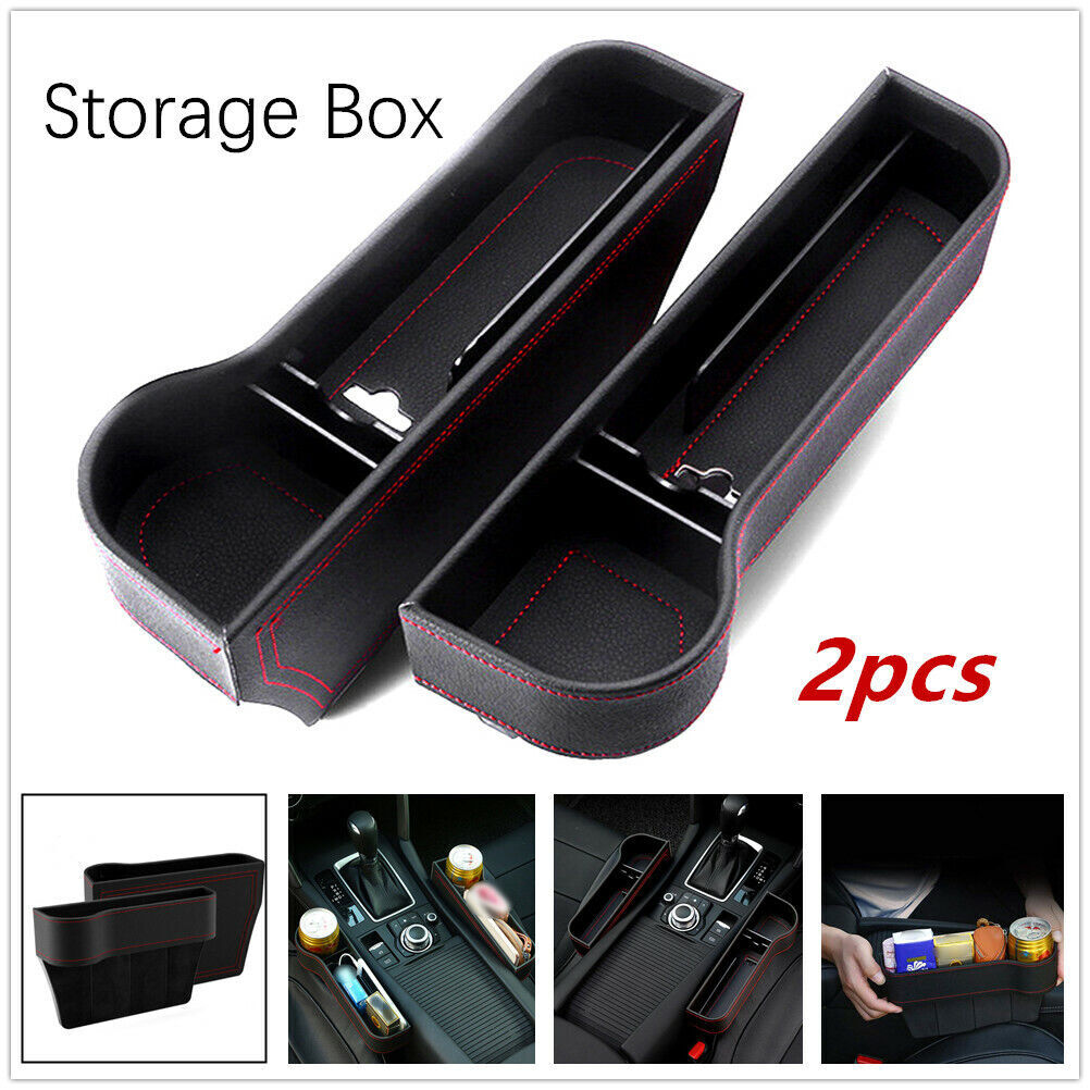2-Piece Car for Seat Gap Storage Box, Cup Holder Organizer, PU L+R, Black Leather with Red Stitching n