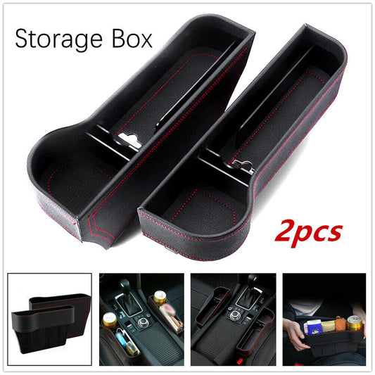 2-Piece Car for Seat Gap Storage Box, Cup Holder Organizer, PU L+R, Black Leather with Red Stitching n