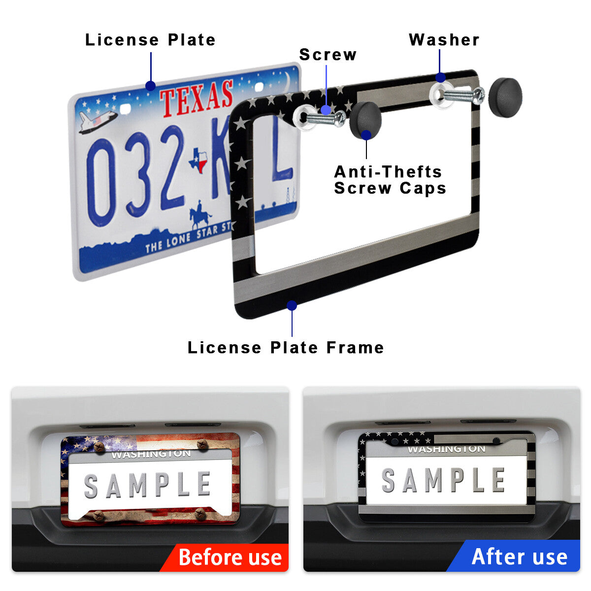 2-Piece Metal American Flag Car SUV License Plate Frame for - n
