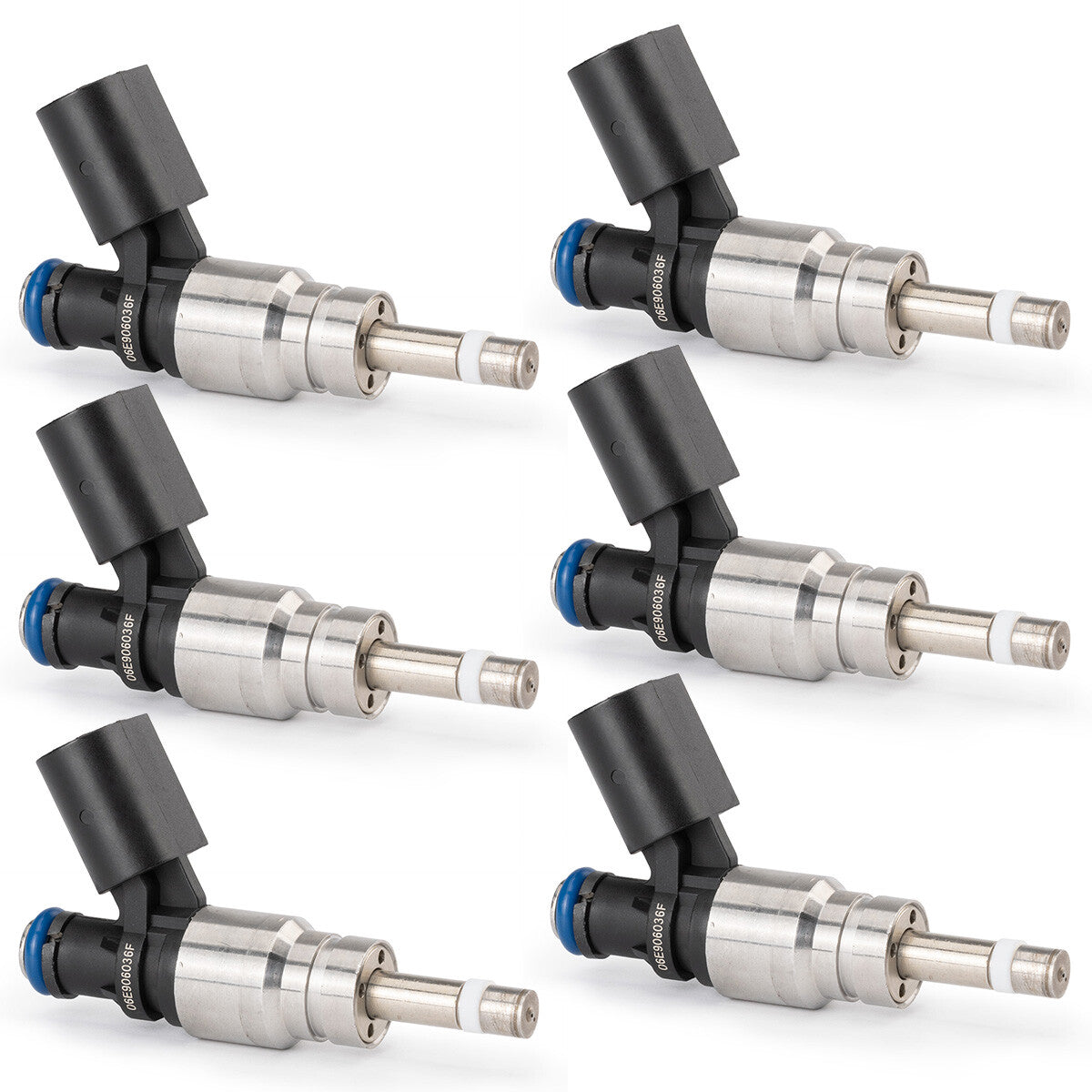 6-pack of new 06E906036F and 06H906036E fuel injectors suitable for Audi A4, A5, B8, quattro, A6, and C6.