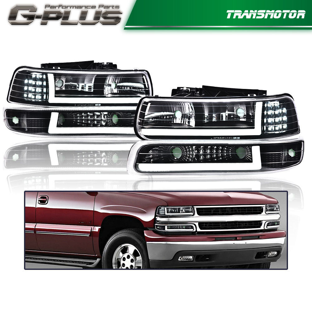 LED DRL Fits 99-02 for Silverado 1500 2500 HD Headlight + Bumper Light Black - v