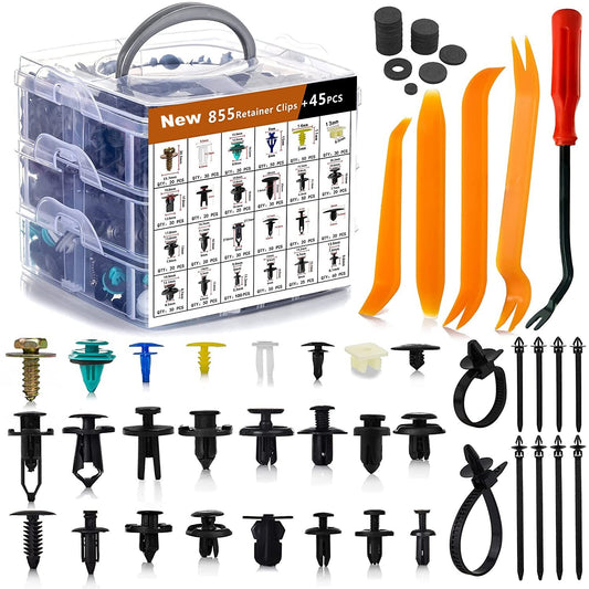 950-piece pack of car fastener clips, plastic rivets, metal screws, and automatic fasteners - promotional offer.