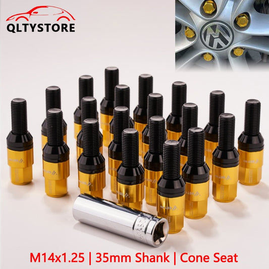 20x M14x1.25 Wheel Lug Bolt 35mm Shank Cone for Seat Stud for Most Aftermarket Gold Q