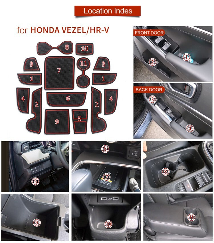 Anti-Slip Gate Slot Cup Mat for Honda Vezel HR-V 2021 2022 Door Pad Coaster Red