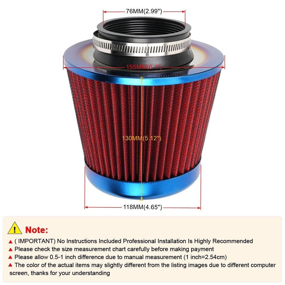 New Red 3 76mm High Flow Inlet Cold Air Intake Cone Replacement Dry Air Filter