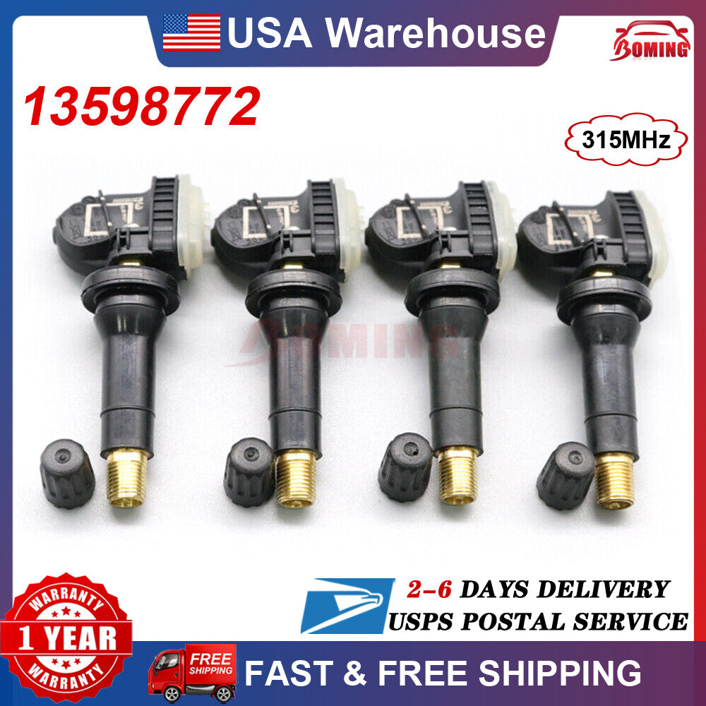 4 new TPMS tire pressure sensors, model number 13598772, for Chevrolet for GMC , for Buick , and for Cadillac .
