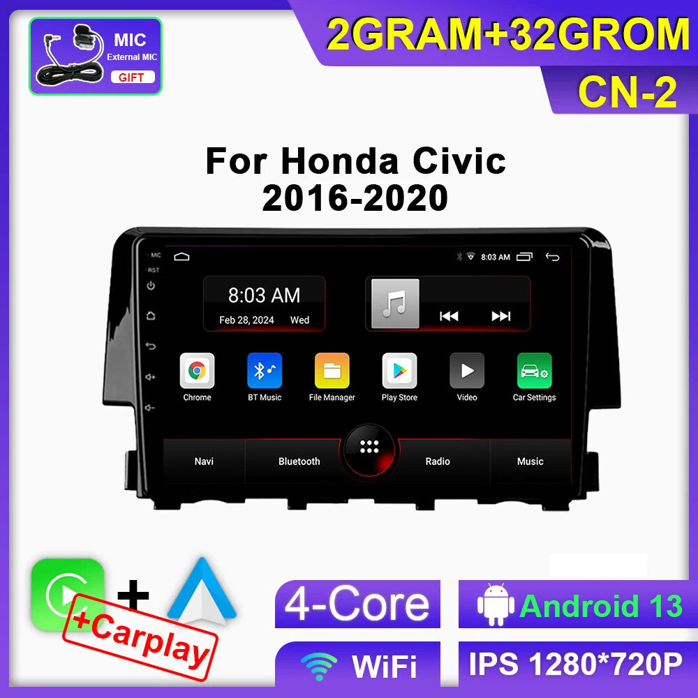 for Honda for Civic 10th 2016-2020 Android Auto CarPlay Car Radio Screen GPS Player