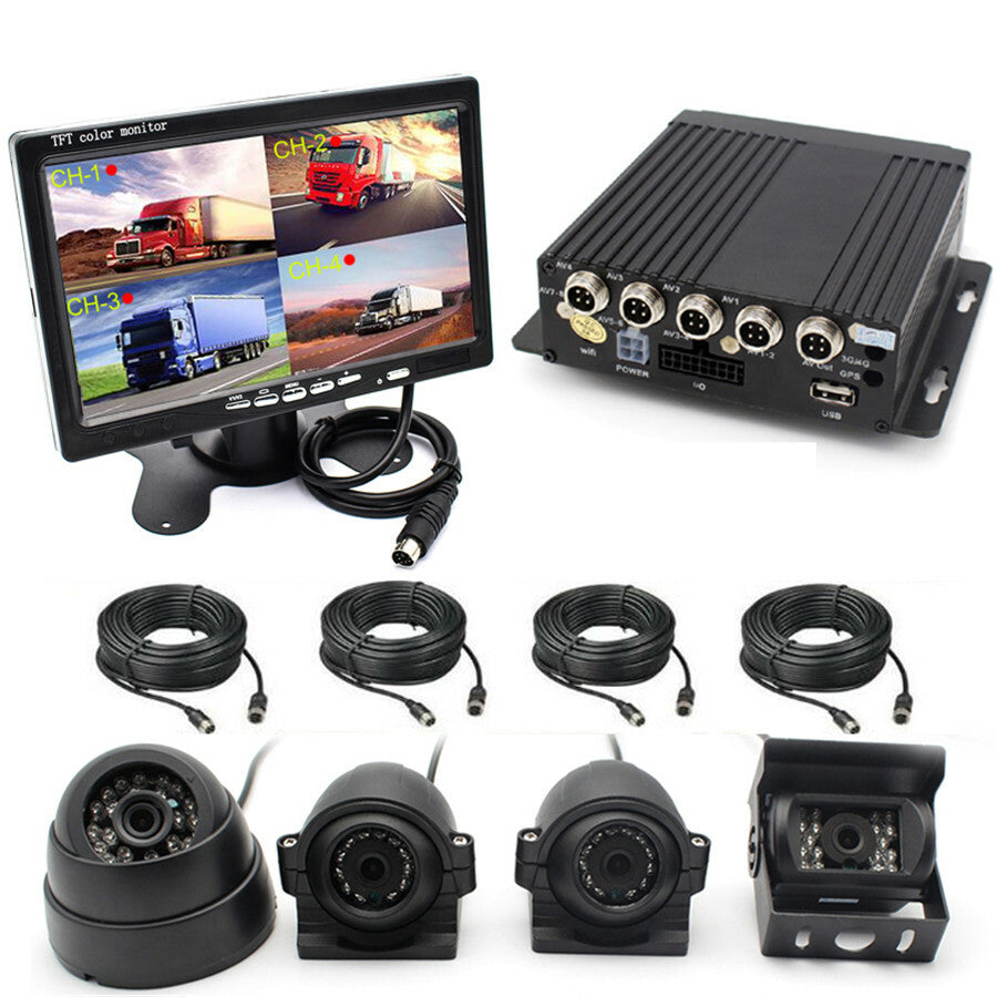 4CH Vehicle-Mounted DVR/MDVR Recorder with 7-inch LCD Monitor + 4x Cameras Suitable for Trucks and Vans n