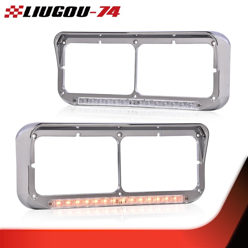LED Strip Headlight Bezel with Visor Fits Dual Rectangular 4x6 Headlight Clear Lens - v