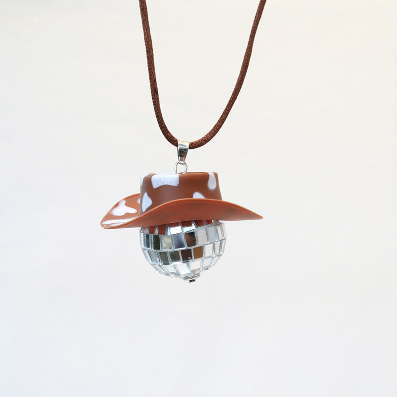 Cowboy Hat Disco Ball Car Ornamen Rearview Mirror Hang Acessory Rope Cow Brown