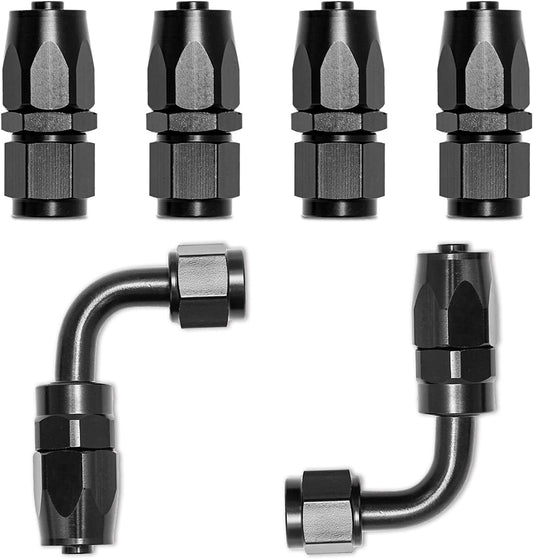 4-piece 6AN straight + 2-piece 6AN 90-degree rotating hose end connector adapter, black, .