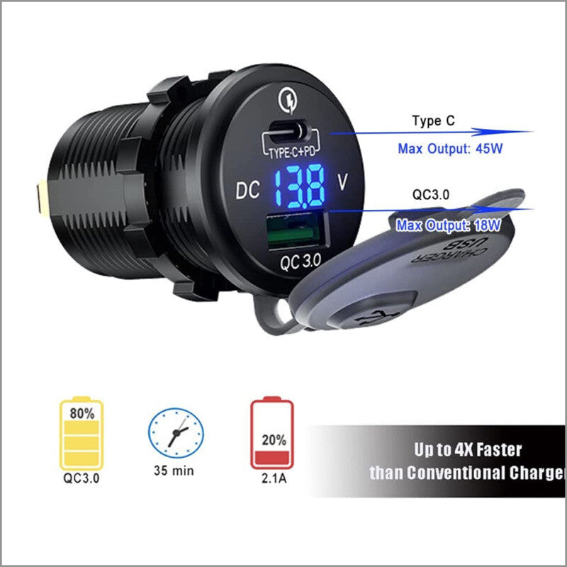 USB-C car charger socket, PD USB socket, QC3.0 USB charger socket with LED voltmeter. n