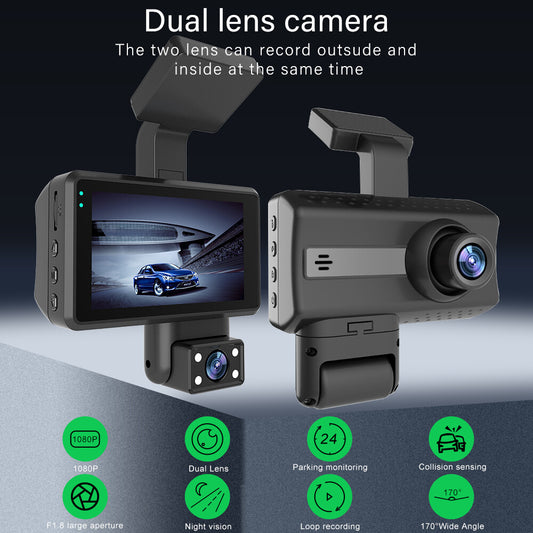 2-inch dashcam with 3 lenses, in-car DVR, G-sensor, ring video recording, night vision.