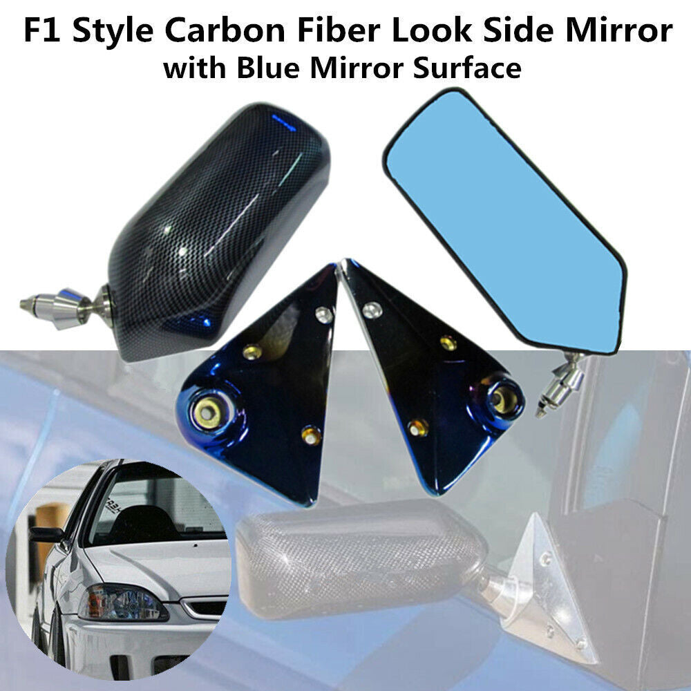 2-Piece Manually Adjustable Retro F1 Style Blue Side Mirrors with Carbon Fiber Exterior n