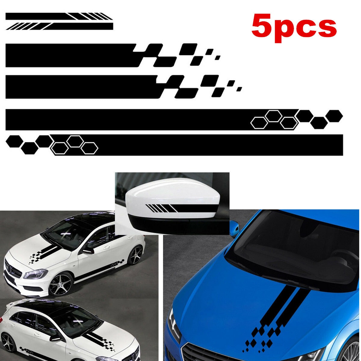 5-Piece Side Stripe Racing Car Cover Vinyl Sticker Decal Decoration Black