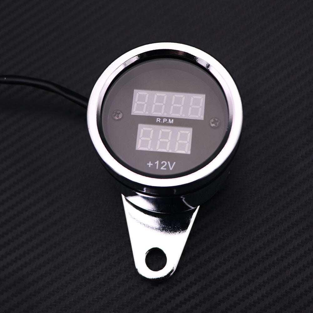 Motorcycle Universal Chrome LED Digital Tachometer Voltmeter Gauge Combo Q