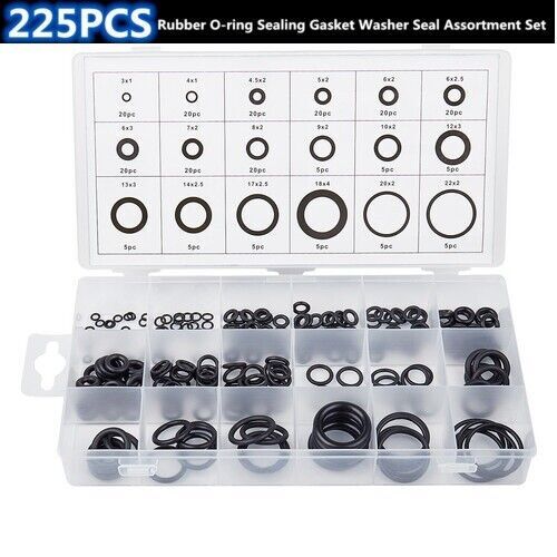 225pcs Silicone Rubber O-Ring Assortment Kit Metric Sealing Gasket Set Black Q