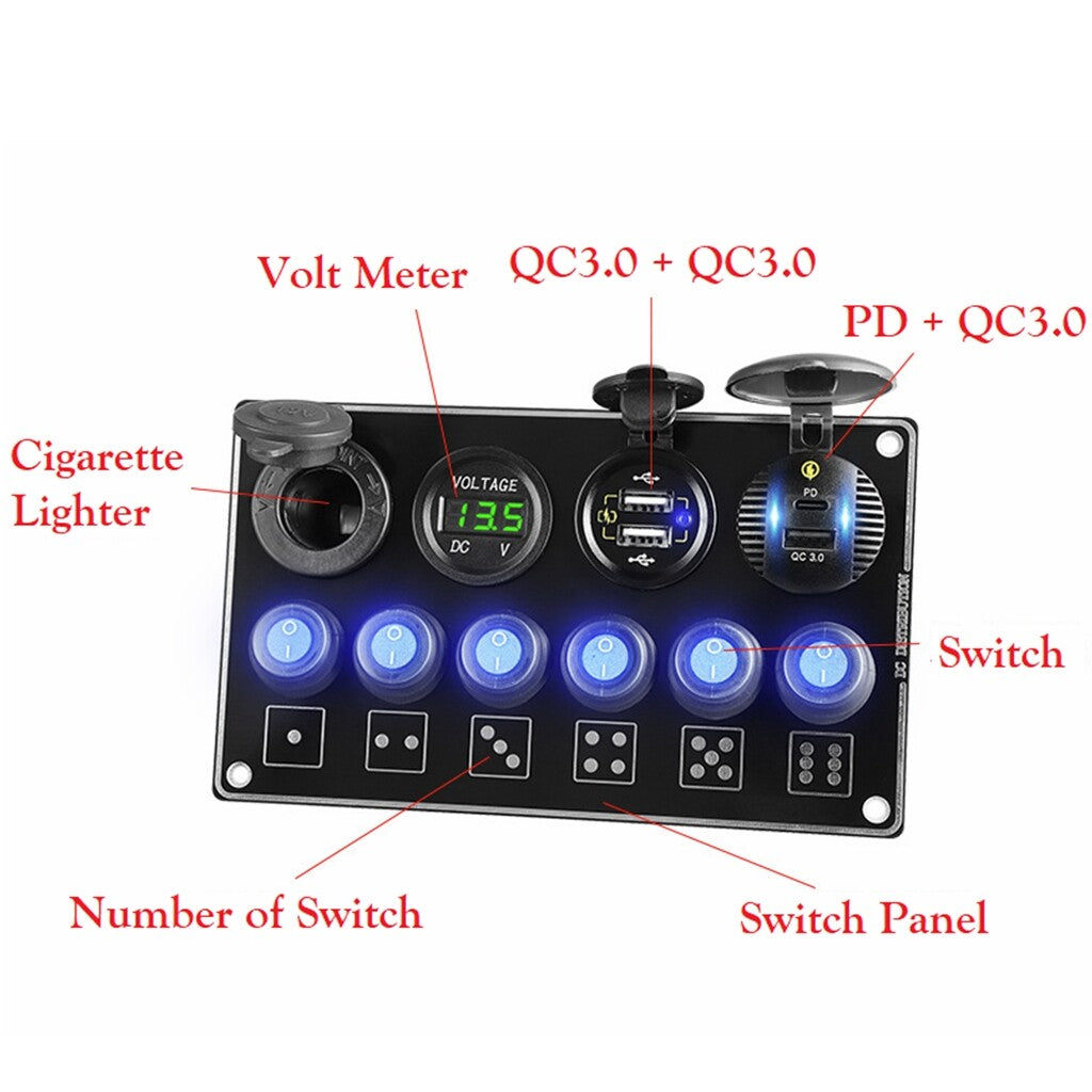 6 Gang Circuit Switch Panel + Volt + USB + Charger Suitable for RVs, Cars, Boats - n