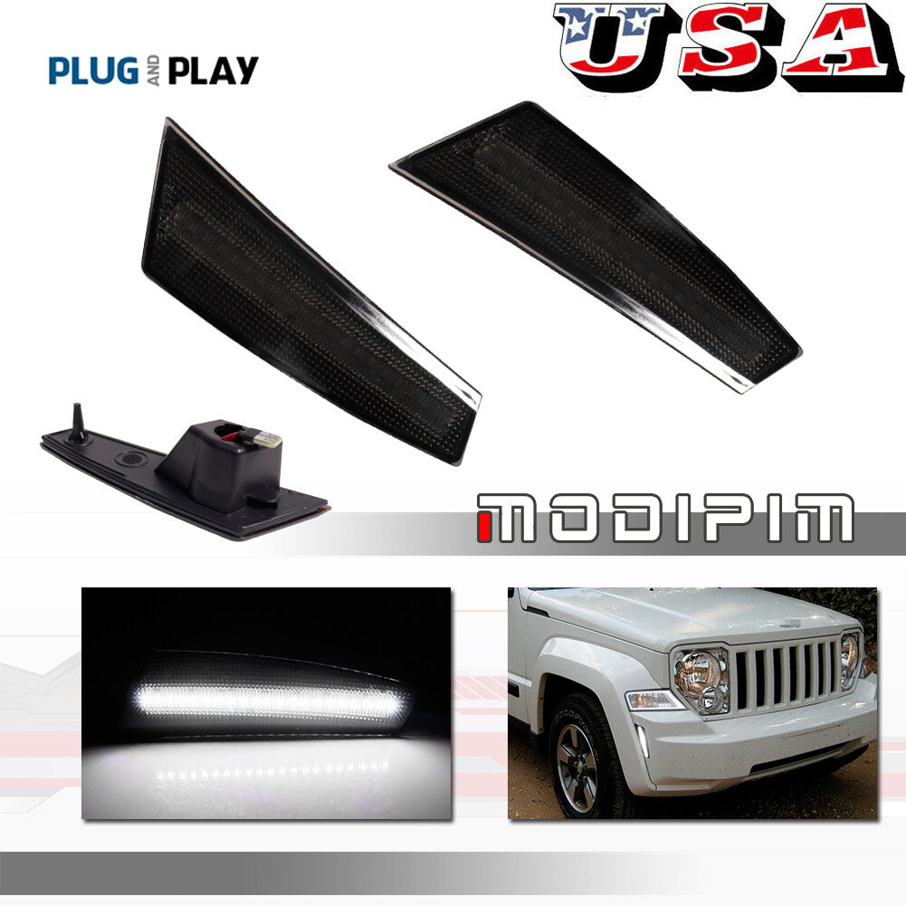 Pair of Smoked Lens White LED Front Bumper Side Marker Lights for 08-12 for Jeep Liberty - v